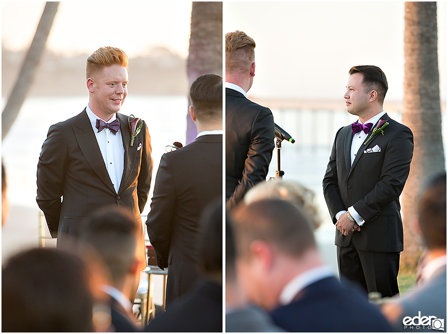 Grooms during ceremony at Scripps Seaside Forum.