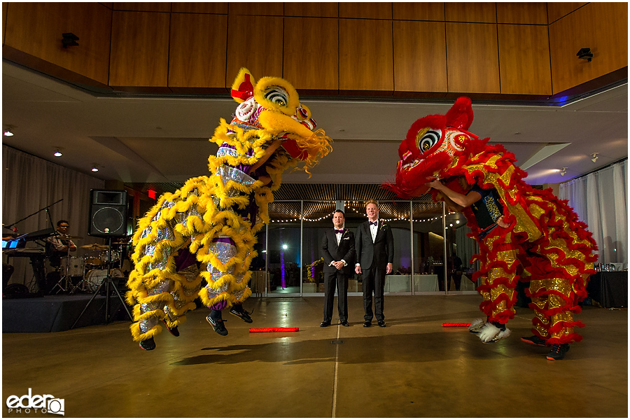 Dragon dancers at wedding in La Jolla.