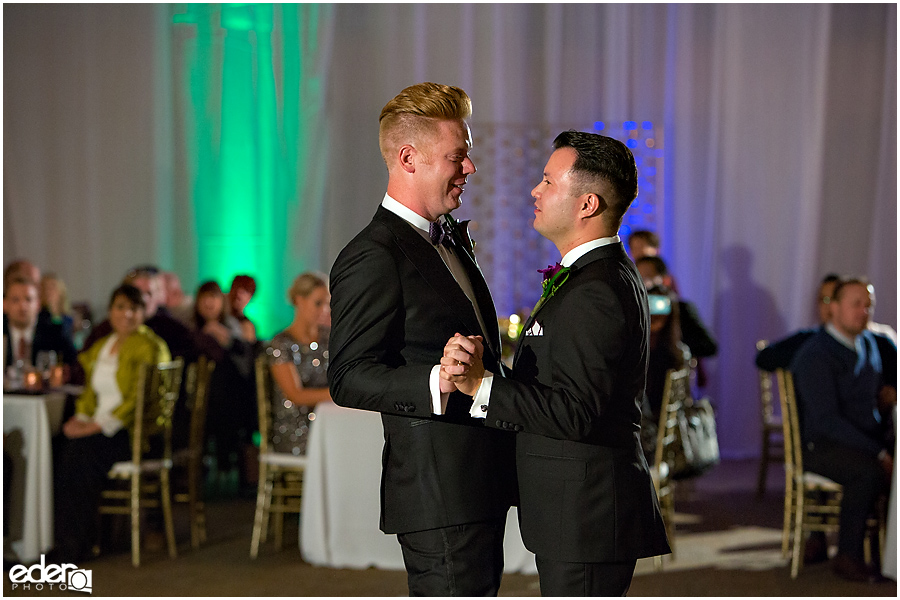 Scripps Seaside Forum first dance for gay wedding.