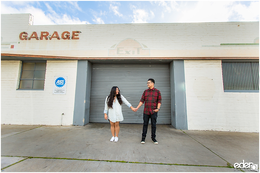 Coronado Engagement Session in front of garage