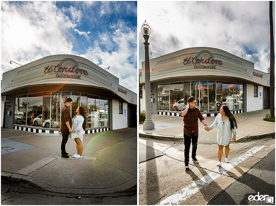 Coronado Engagement Session in front of garage