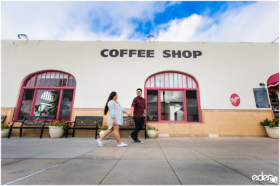 Coronado Coffee Shop Engagement Session Walking