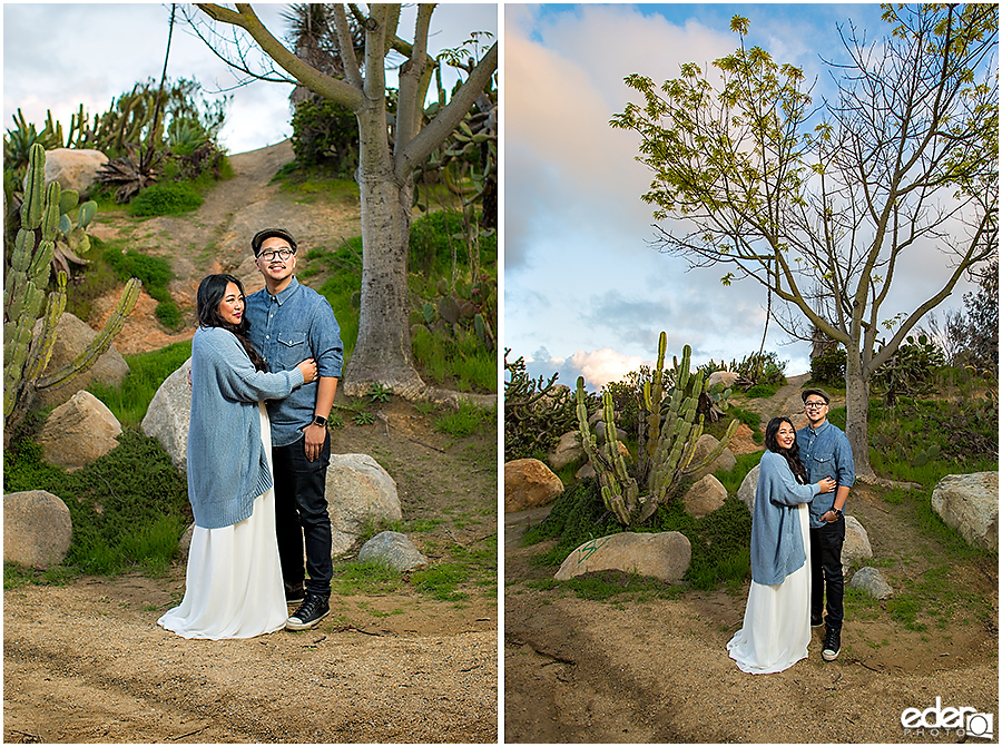 Balboa Park Engagement Session standing in Cactus Garden.