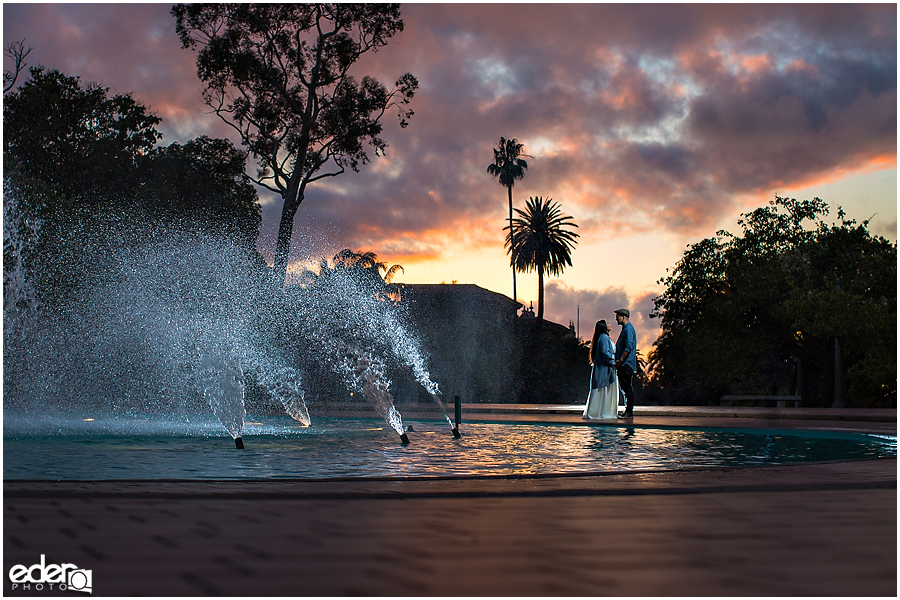 Water fountain during engagement session in Balboa Park.