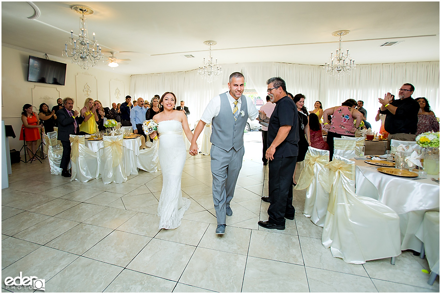 Grand entrance of bride and groom at wedding reception at Just Java in Chula Vista.