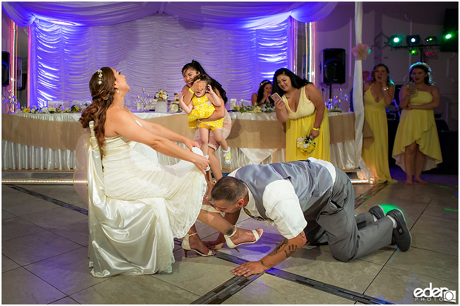 Garter toss at wedding reception at Just Java in Chula Vista.