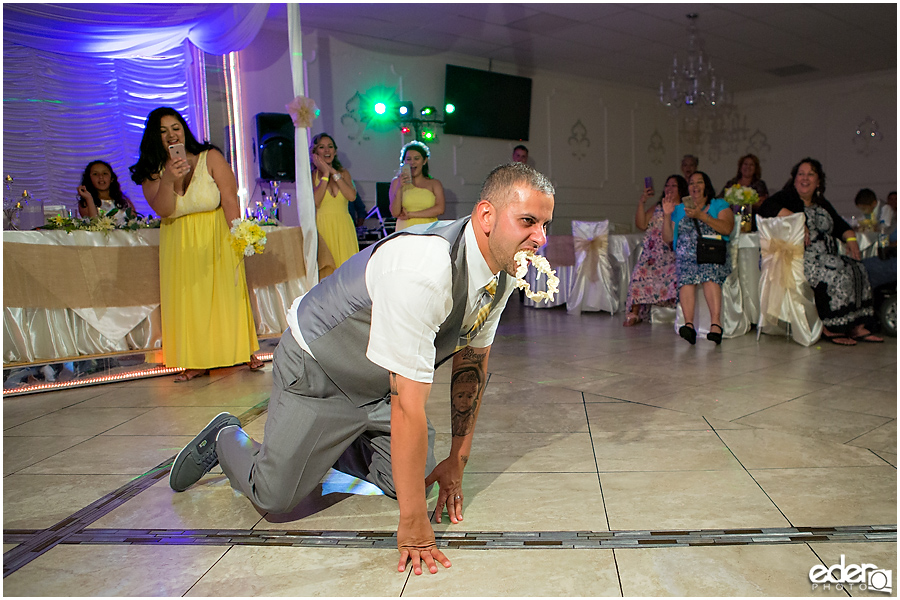 Garter toss at wedding reception at Just Java in Chula Vista.