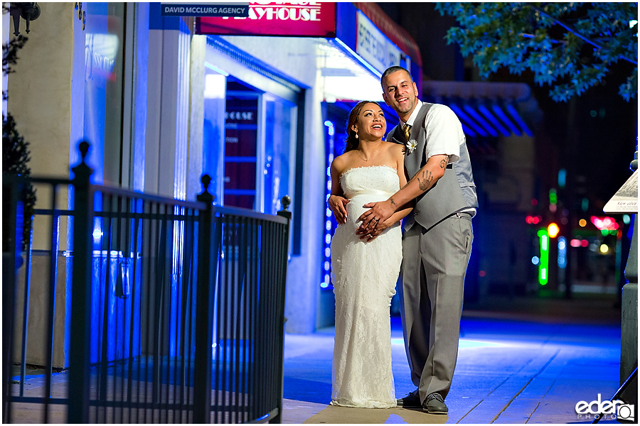 Night wedding photos at wedding reception at Just Java in Chula Vista.