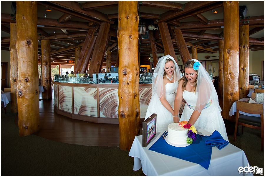 Bali Hai Restaurant reception rainbow cake cutting.