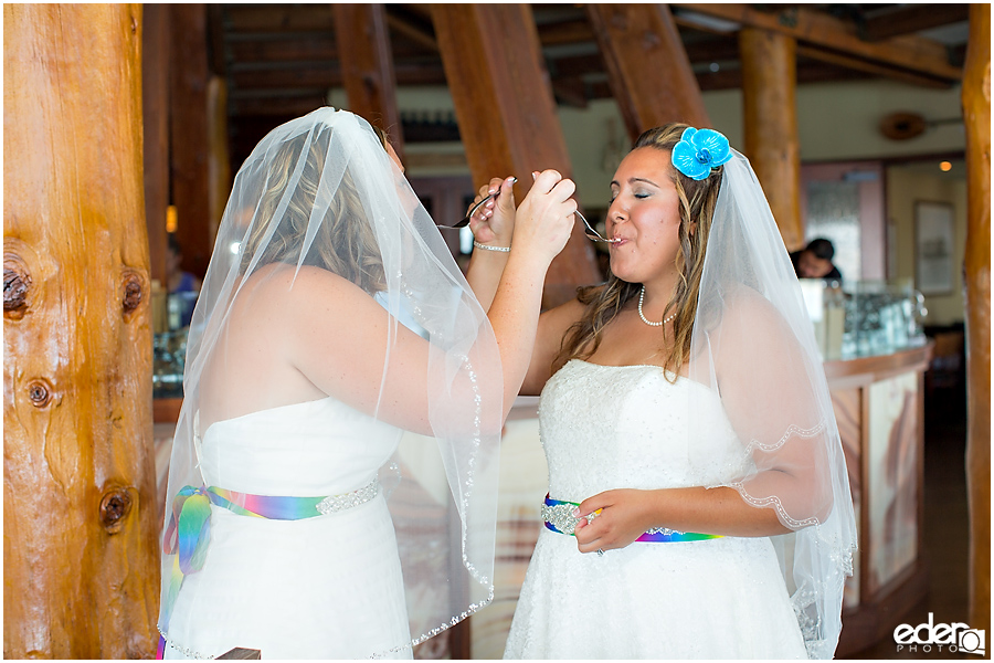 Bali Hai Restaurant reception rainbow cake cutting.