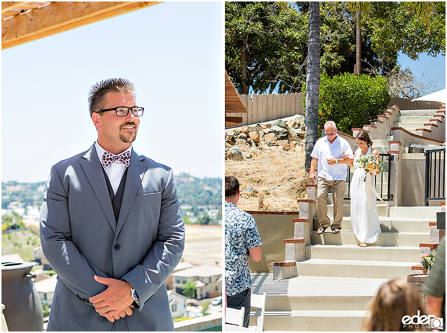 Pool wedding ceremony walking down aisle. 