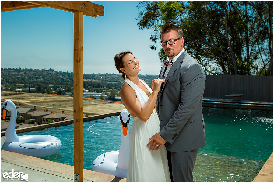 Pool wedding bride and groom.