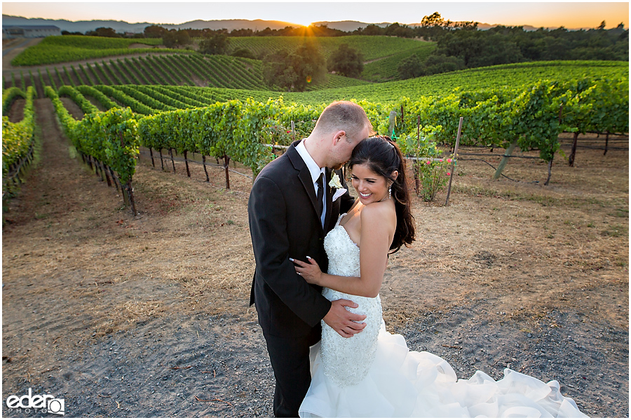 Vineyard Wedding bride and groom sunset portraits.