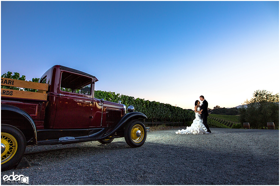 Vineyard Wedding bride and groom sunset portraits.