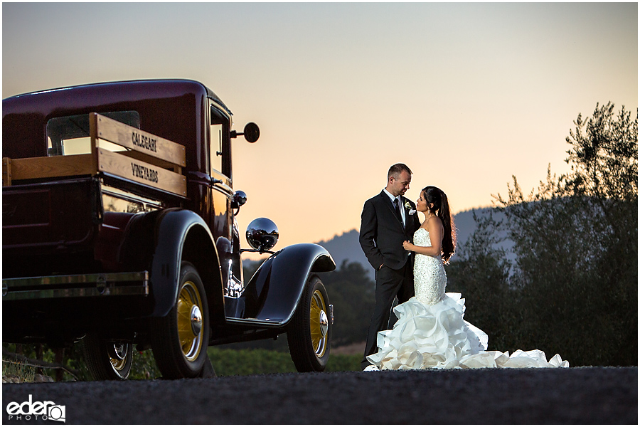 Vineyard Wedding bride and groom sunset portraits.