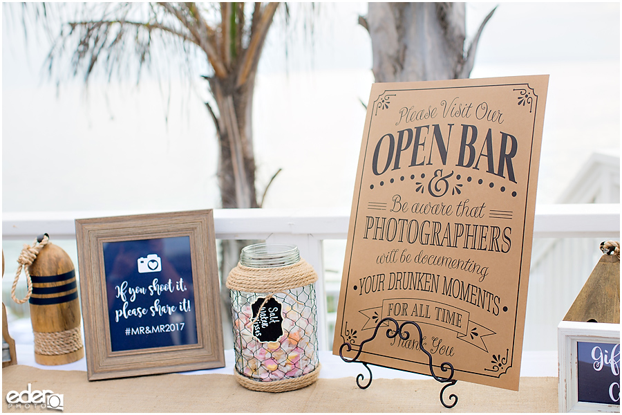 Laguna Beach Wedding ceremony at Occasions - open bar sign