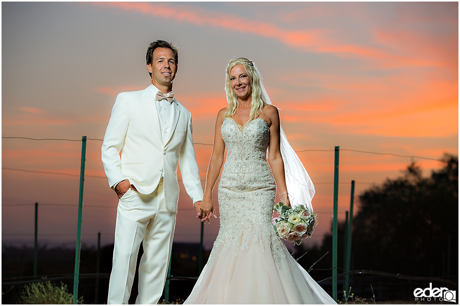 Private Estate Wedding Ceremony: bride and groom sunset portraits