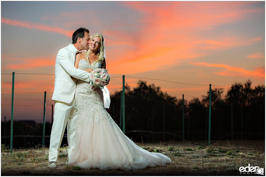 Private Estate Wedding Ceremony: bride and groom sunset portraits