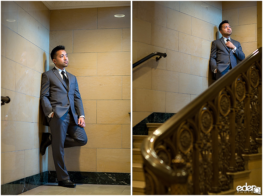 Wedding at The US Grant - photo of groom on stairs.