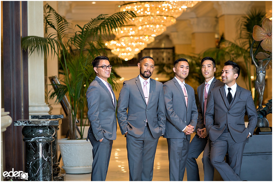 Wedding at The US Grant - photo of groomsmen in lobby.