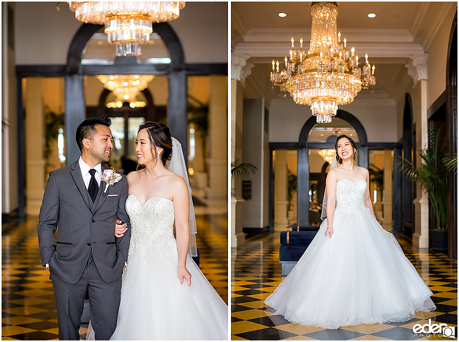 Wedding at The US Grant - photo of bride and groom with chandeliers.