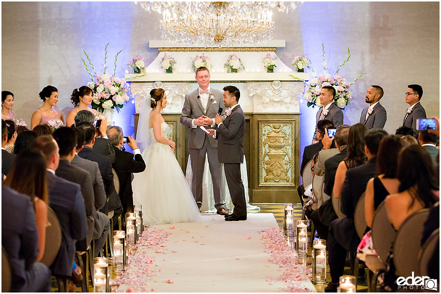 Wedding at The US Grant - photo of vow exchange in Crystal Ballroom.