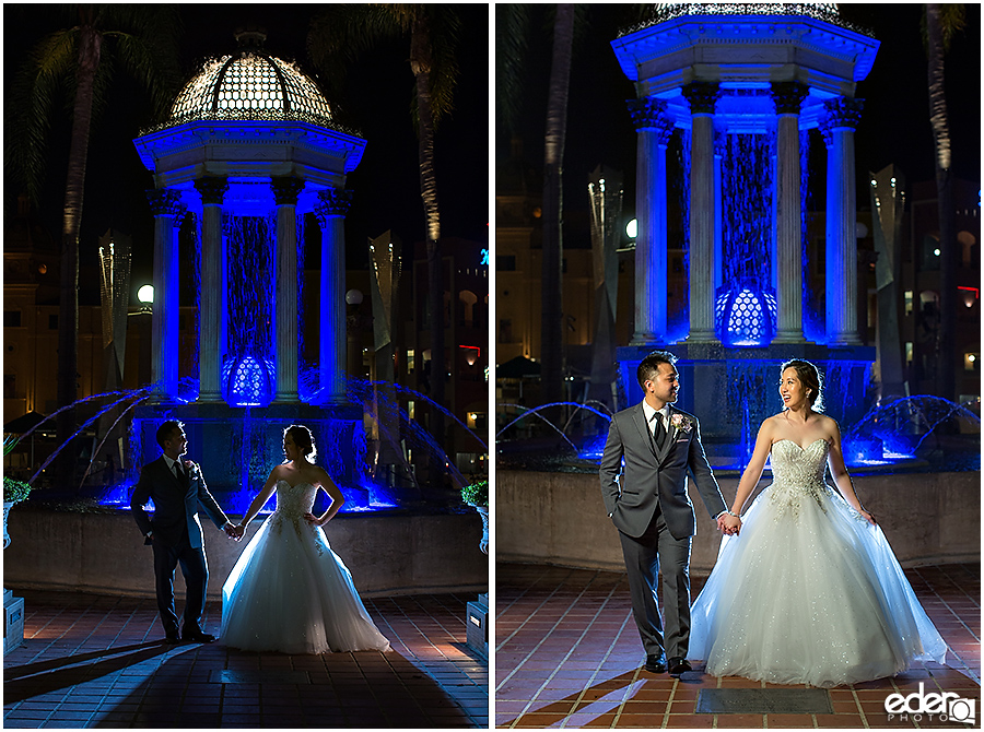 Wedding at The US Grant - night portraits outside with fountain.