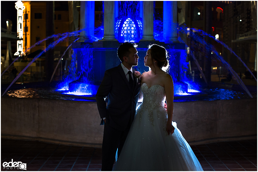 Wedding at The US Grant - night portraits outside with fountain.