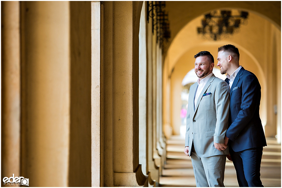 San Diego Elopement Photos at Balboa Park columns. 