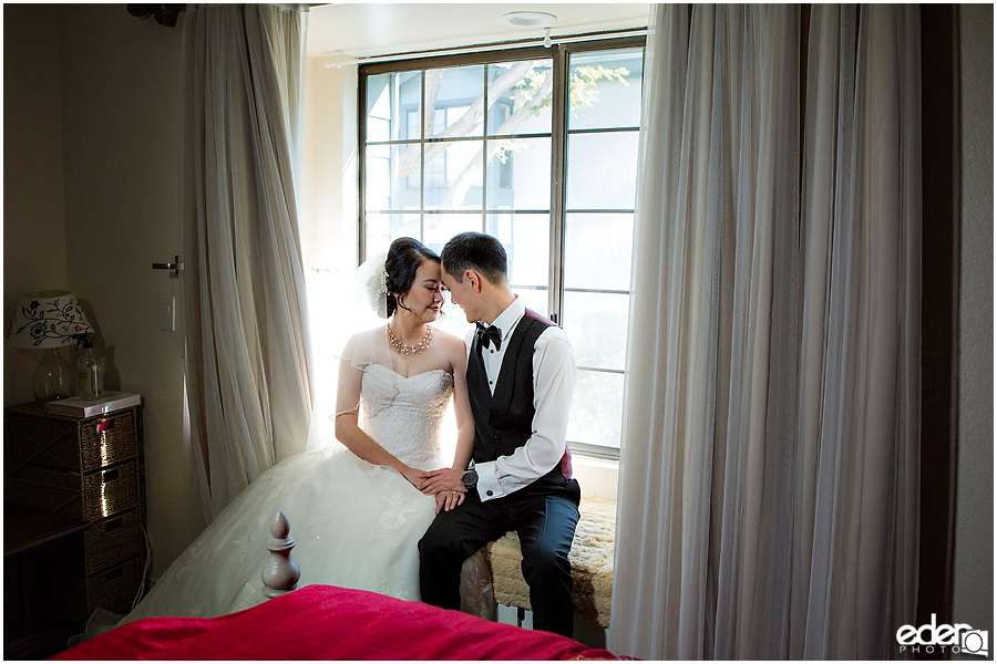 Small Winter Wedding La Jolla - bride and groom window portraits