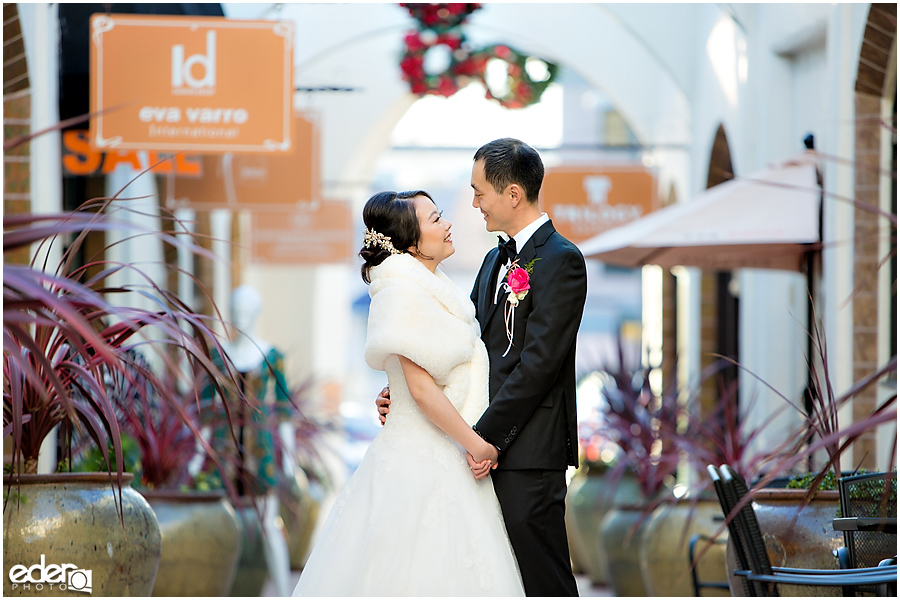 Small Winter Wedding La Jolla - bride and groom downtown 