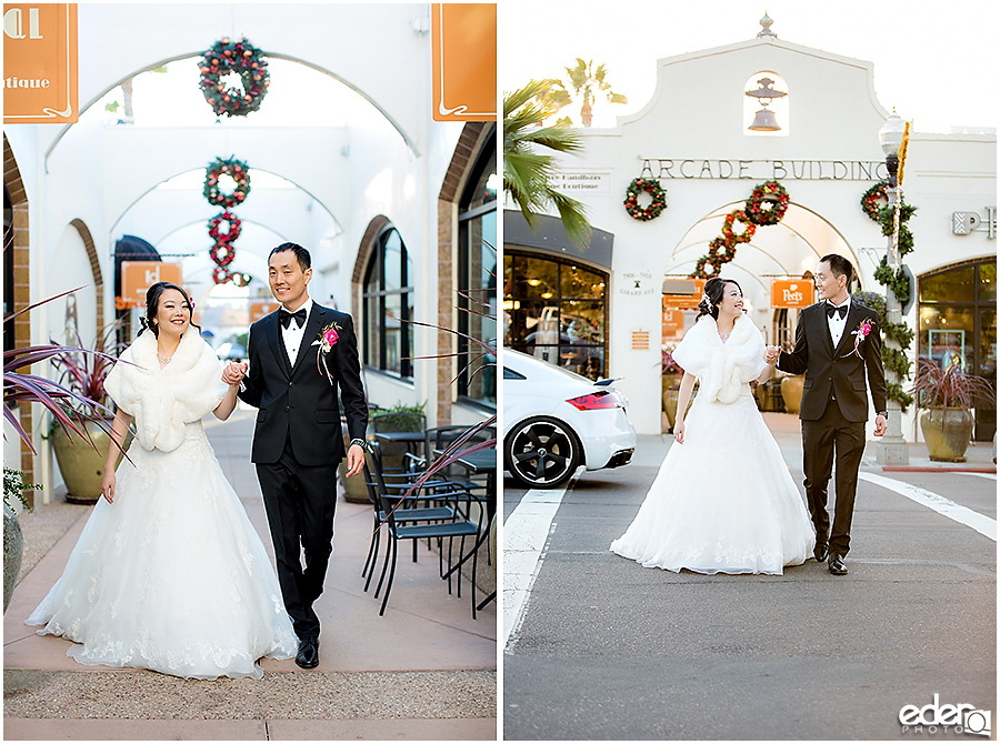 Small Winter Wedding La Jolla - bride and groom downtown 