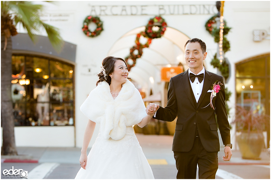 Small Winter Wedding La Jolla - bride and groom downtown 