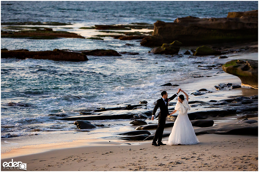 Small Winter Wedding La Jolla - bride and groom at beach 