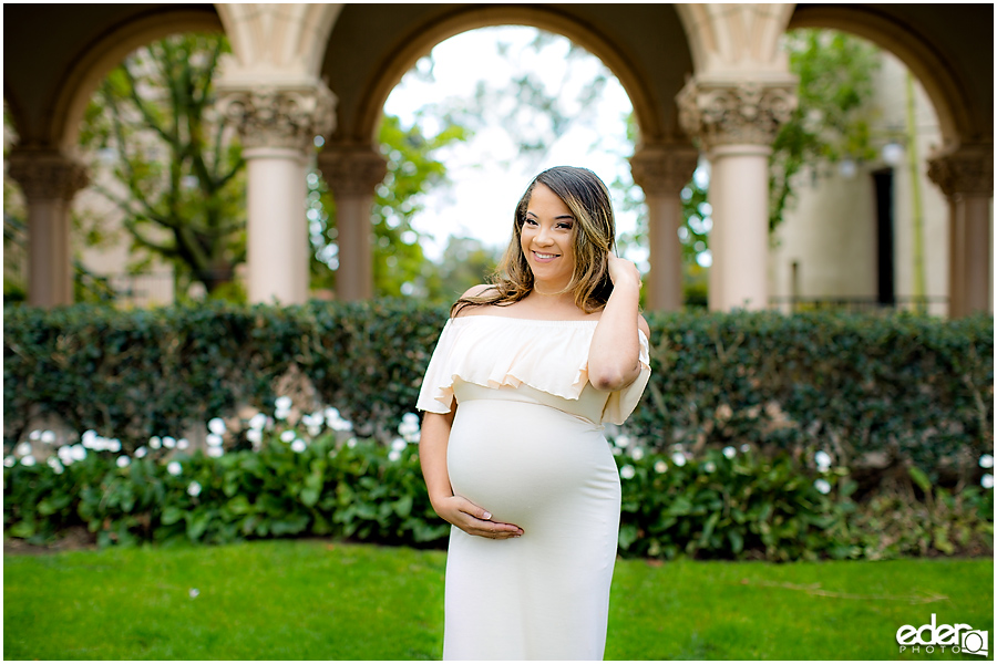 Balboa Park maternity session with columns in back.