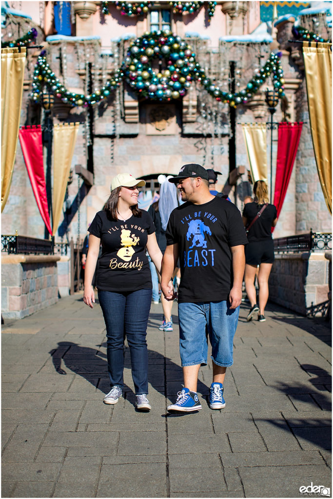 Disneyland Engagement Session in front of Sleeping Beauty Castle