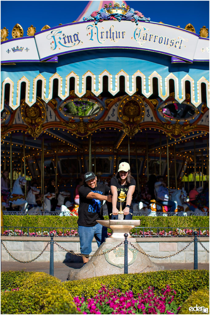 Disneyland Engagement Session in front of carousel.