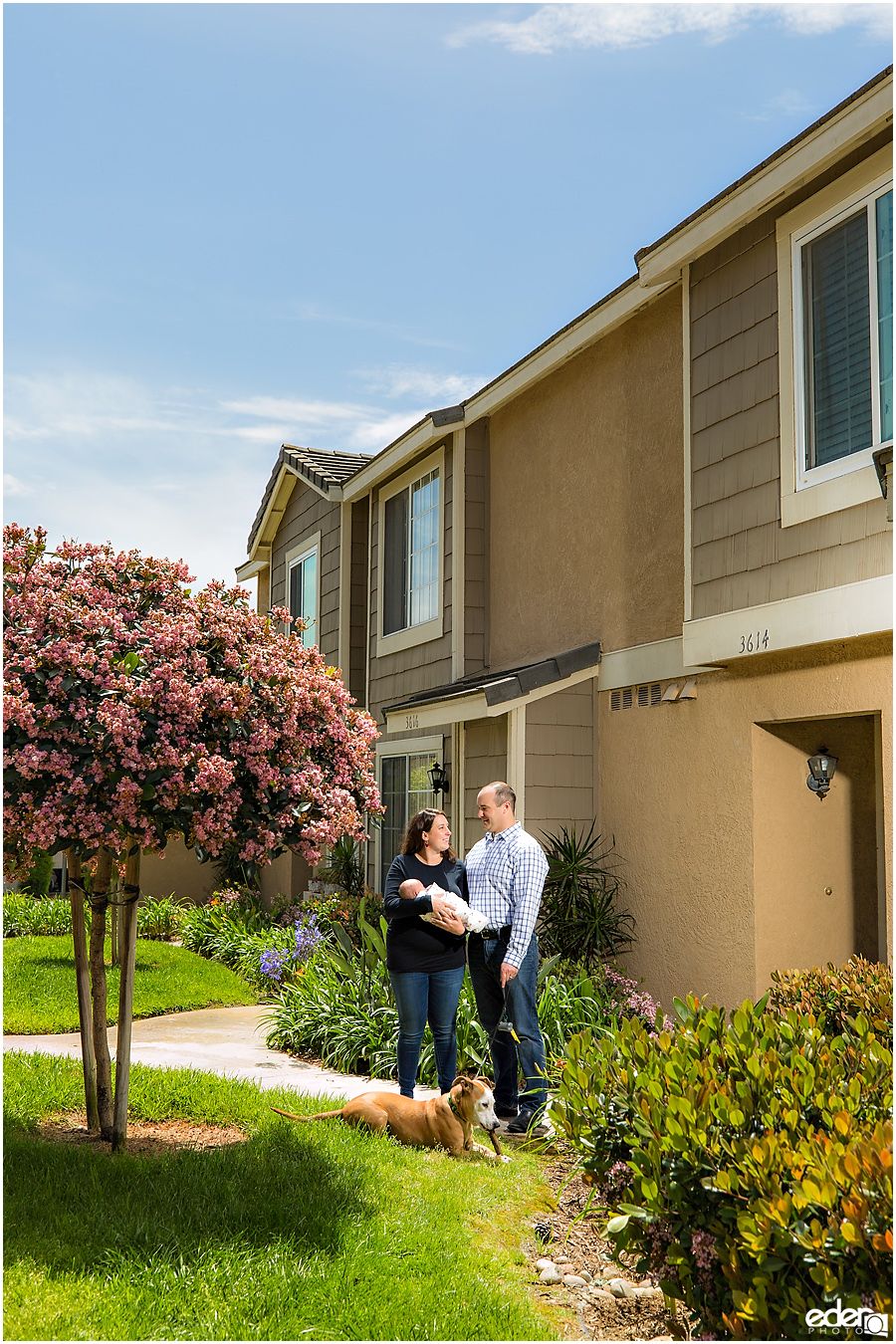 Newborn Lifestyle Portrait Session - Family Photo in front of Home.