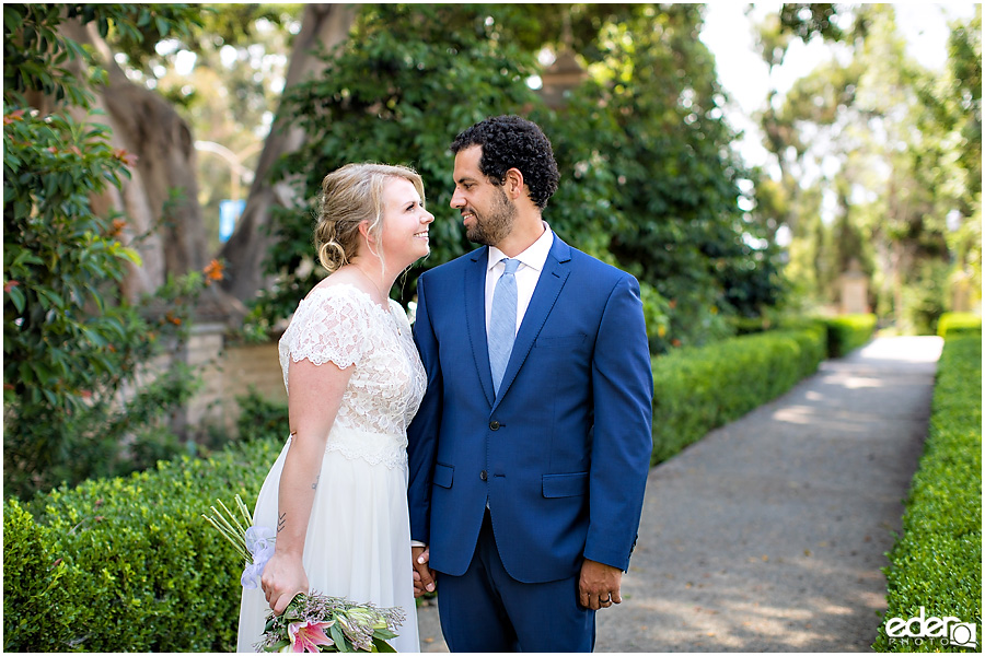 San Diego Elopement couple portrait in Alcazar Garden.