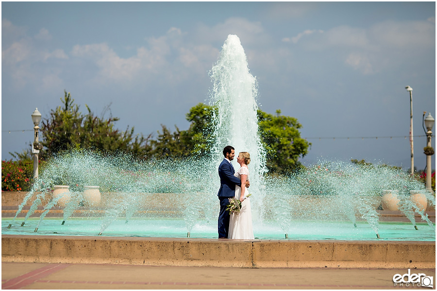 San Diego Elopement portrait in front of the fountain.