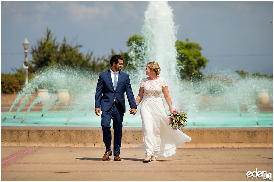 San Diego Elopement in front of Balboa Park fountain.