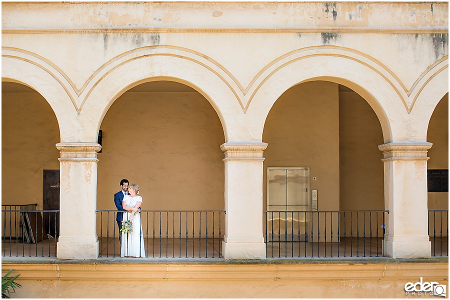 San Diego Elopement photography at Balboa Park under arches.