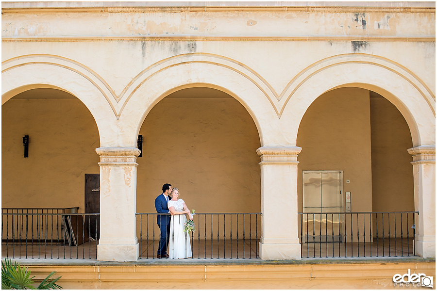 San Diego Elopement photography at Balboa Park under arches.